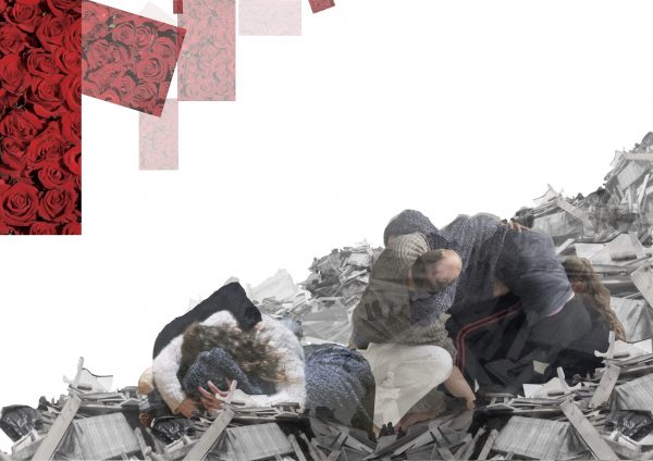 a collage of bodies and rubble on a white background